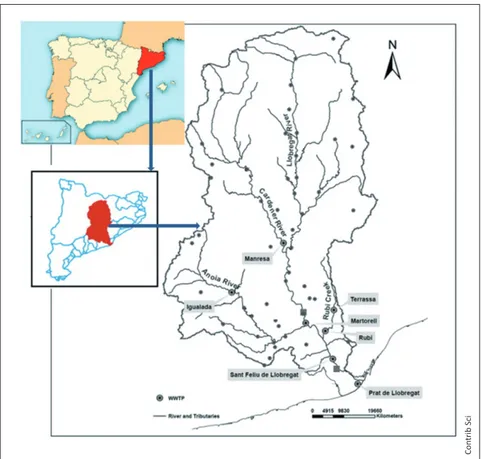 Fig. 1.   Map  showing  the  location  of  the  Llobregat  River  basin  in  Catalonia,  and  several  of  the  WWTPs  investigated.