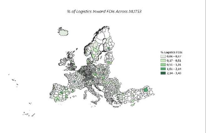 Figure 1. Distribution of Inward Logistics FDIs across European NUTS3 regions. Author Elaboration based on  FDi Markets  data using QGIS 3.10 