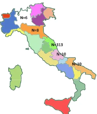 Figura n. 1: Distribuzione geografica del campione normativo (N=347). 