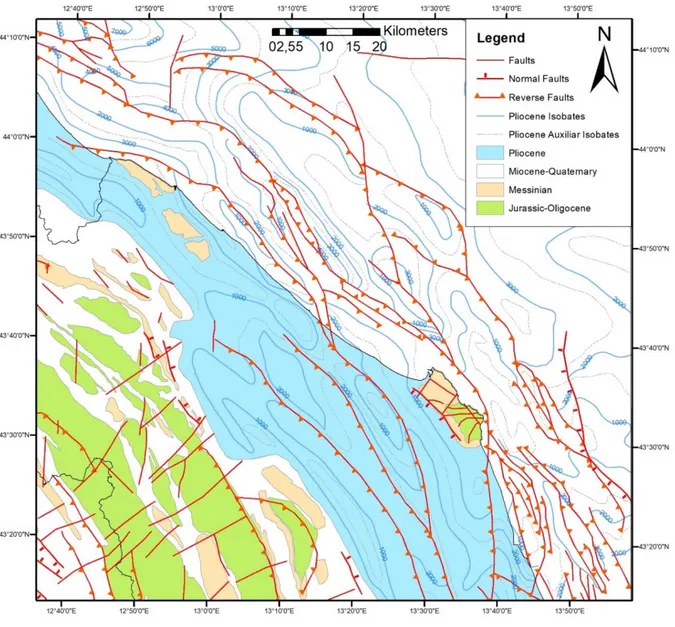 Fig. 2.5- Carta geologico-strutturale dell’area di studio (Bigi et al., 1983- colori modificati)
