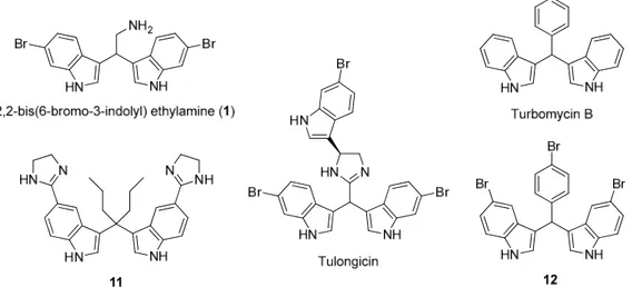 Figure 1. The marine alkaloid 1, some natural and synthetic antibacterial agents having the 3,3’-