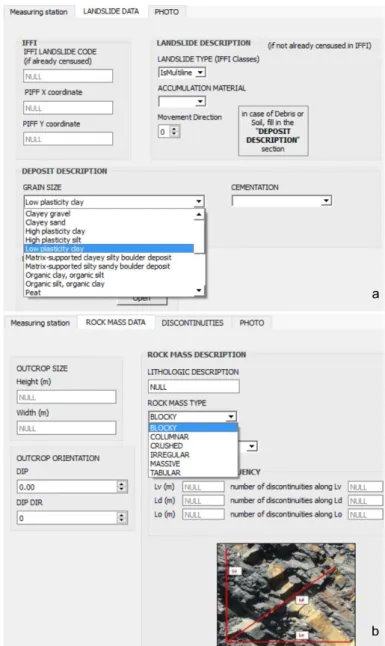 Figure 5. Input forms with combo boxes containing a drop-down list of the geotechnical data values 