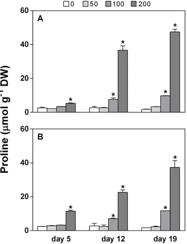 Fig. 2. Proline concentration in shoots (A) and roots (B) after 5, 12, and 19 days of exposure to 0, 50, 