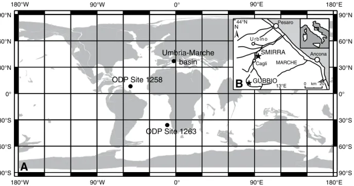 Figure 2.1: A) Paleoceanographic reconstruction for the early Eocene (50 Ma) showing the position of U-