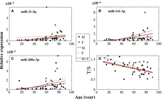 Fig. 2 MiR-31-5p (panel A), miR-141-3p (panel B), miR-200c-3p (panel C) relative expression and telomere length (T/S, panel D) in 45 liver biopsies from 13 years up to 90 years donors vs