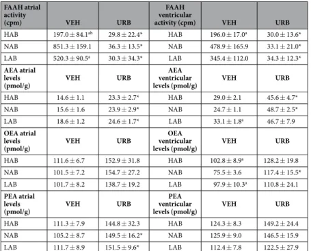 Table 2.  FAAH activity and anandamide (AEA), oleoylethanolamide (OEA) and palmitoylethanolamide  (PEA) levels in atrial and ventricular homogenates of HAB, NAB and LAB rats (n = 6–8 per group)