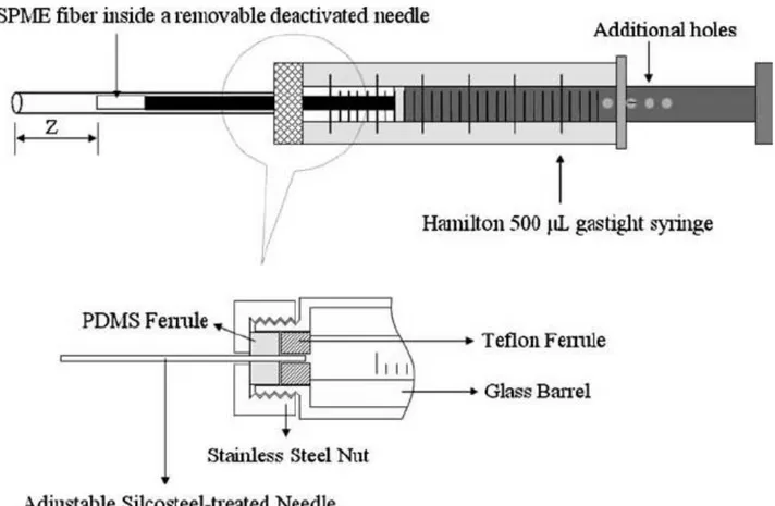 Figura 6. Sezione dell’holder SPME con dettaglio della fibra estraente e del suo posizionamento nell’ago (23)