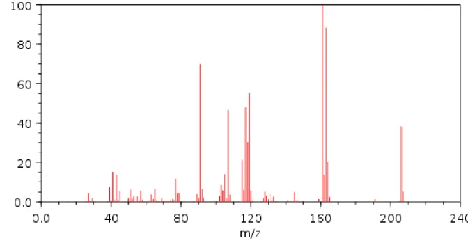 Figura 20. Spettro di massa EI 70eV dell’ibuprofene con tanto di ione molecolare e frammentazioni tipiche (67)