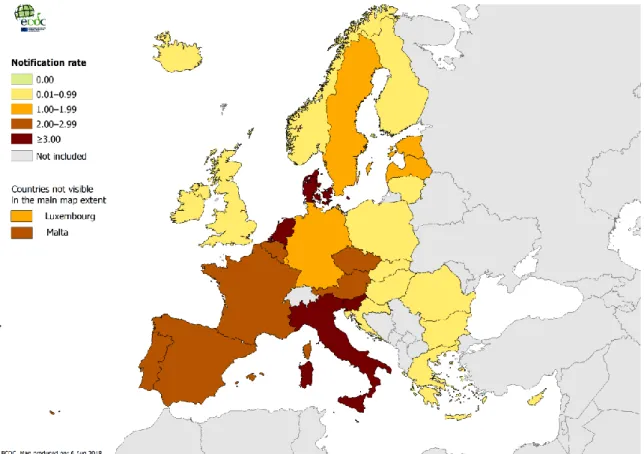 Figure 5: Distribution of Legionnaires’ disease cases per 100 000 population. 