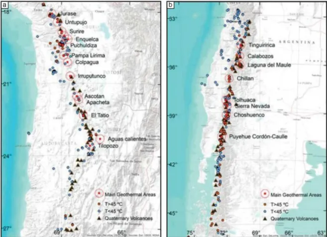 Figure 1.3 - Main geothermal prospects of a) Northern Chile, and b) Central-Southern Chile; 
