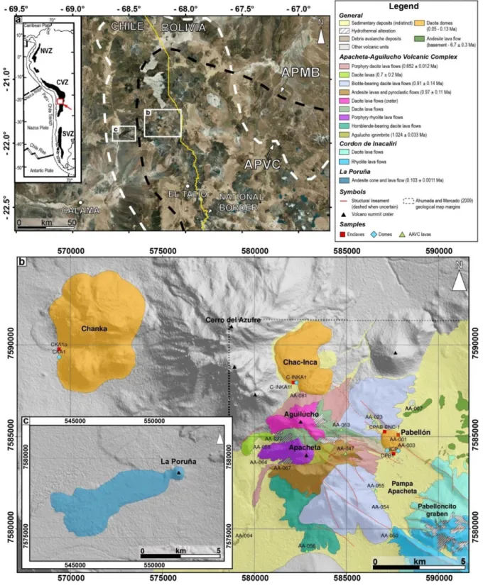 Figure 2.1 - Location map of the Apacheta-Aguilucho Volcanic Complex and the domes. a) 