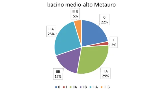 Fig. 2.24 – percentuale delle aree a diversa permeabilità per il bacino medio-alto Metauro 022%I2%IIA29%IIB17%IIIA25%III B5%