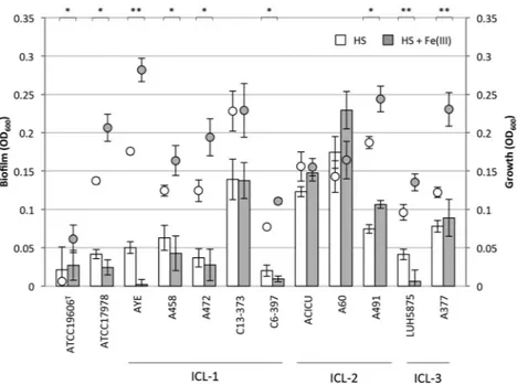 FIG 1 Growth and bioﬁlm formation in HS by clinical A. baumannii isolates. A. baumannii growth (circles)