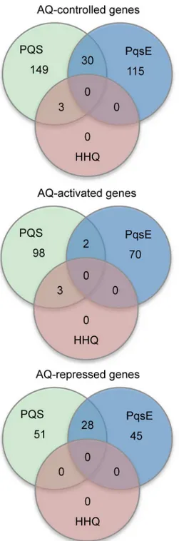 Fig 2. The AQ and PqsE regulons. Venn diagrams showing the number of genes controlled by HHQ, PQS,