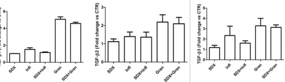 Fig. 4.1.3 Quantitative determination of TGFβ isoform concentration in WF-stimulated THP-1 monocyte  cells in presence or absence of SDX co-treatment