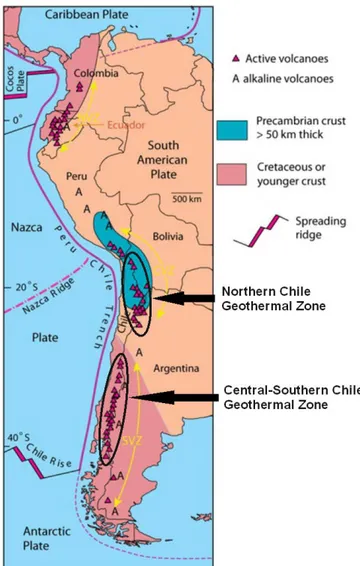Fig. 3.4. Quaternary volcanic zones of South America  controlled by subduction of Nazca Plate and Antartic  Plate beneath South American Plate