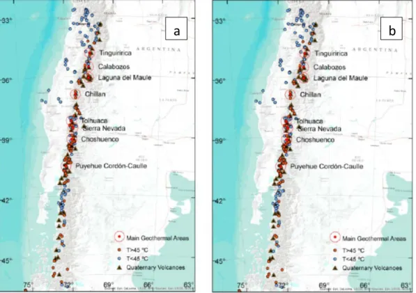 Fig. 3.5. Geothermal prospect of a) Northern Chile and b) Central- Southern Chile (Lahsen et al., 2015b) 