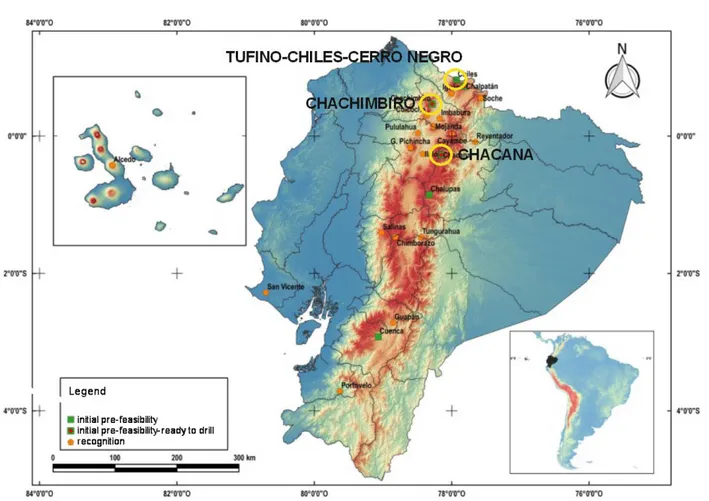 Fig. 3.7. Geothermal areas of Ecuador and location of main geothermal prospect for electric generation (modified  from INER, 2015).