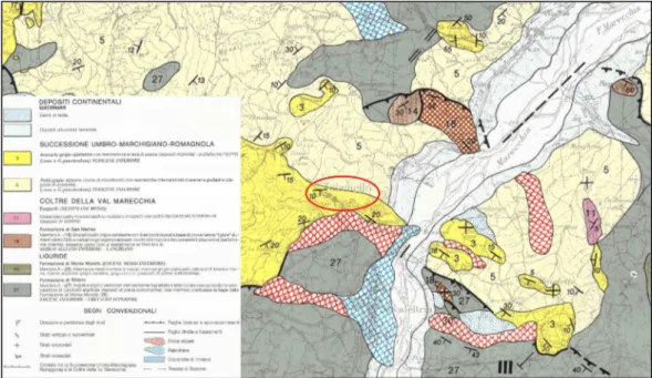 Figura 1 Stralcio carta geologica dell’area compresa tra i fiumi Savio e Foglia in scala 1:50.000  (Stefano Conti, 1988) 