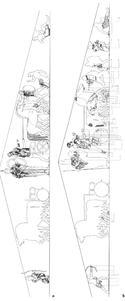 Tab. 9. Frontone occidentale del tempio di Apollo Daphnephoros a Eretria, a: Touloupa 1983; b: Touloupa 2002 