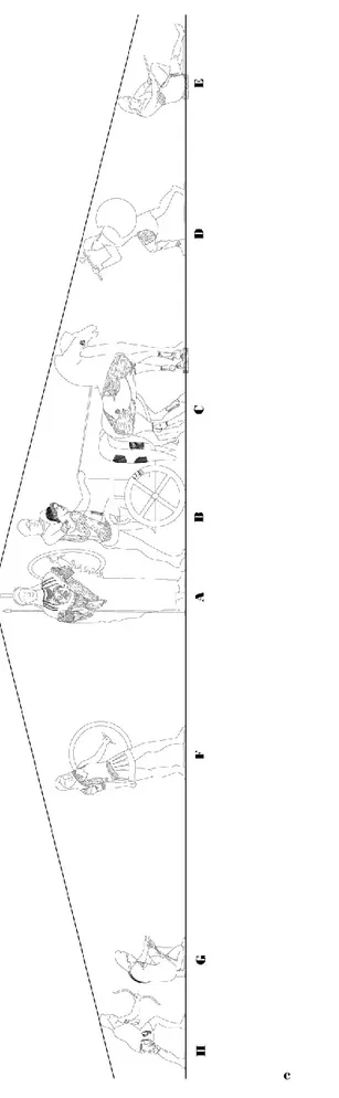 Tab. 9c. Frontone occidentale del tempio di Apollo Daphnephoros a Eretria, ricostruzione preliminare secondo il  presente studio