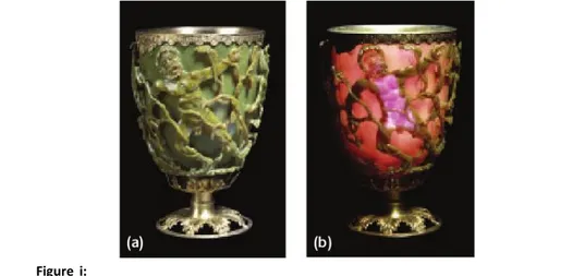 Figure  i:  The  Lycurgus  cup  in  diffused  (a)  and  transmitted  (b)  light.  The  scene  shows 