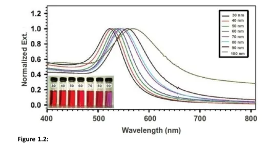 Figure 1.2: Normalized UV-Vis spectra for Au nanospheres with different diameters in 