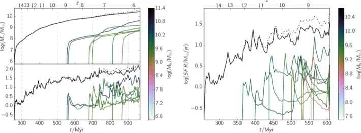Figure 6. Left: Cumulative stellar masses (M  , upper left-hand panel) and star formation rates (SFR, lower left-hand panel) of Dahlia and its satellites as a function of cosmic time (t)