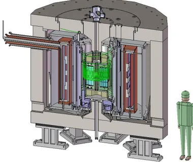 Fig. 4. (Colour on-line) The proposed set-up for the J-PARC g − 2 Experiment. Muons enter at the top left (green trajectory) and spiral into the highly uniform magnetic field region