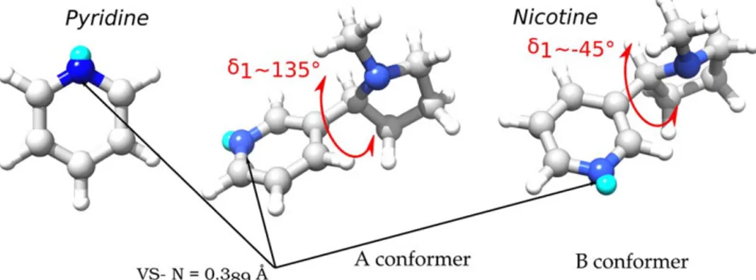 Figure 1. Molecular structure of pyridine (left) and the nicotine A (middle) and B (right) conformers