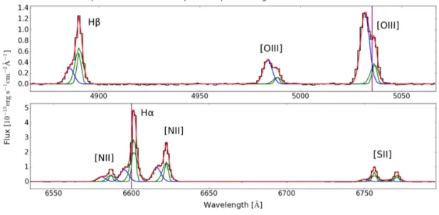 Fig. 8. Fit of [O iii], Hβ, [N ii], Hα, and [S ii] lines for two elements of the grid through which we divided the outfowing cones (see Fig