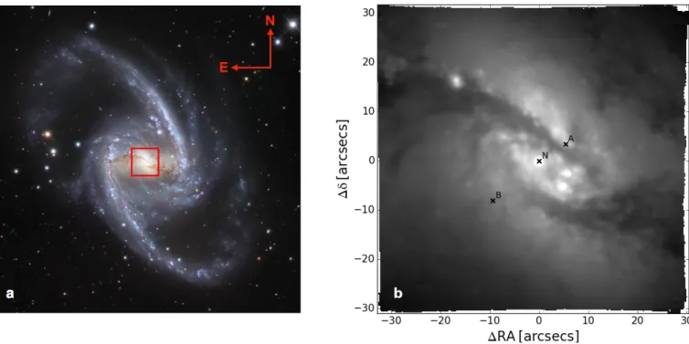 Fig. 1. Panel a: three-color optical image of NGC 1365 combining observations performed through three di fferent filters (B, V, R) with the 1.5-m Danish telescope at the ESO La Silla Observatory in Chile