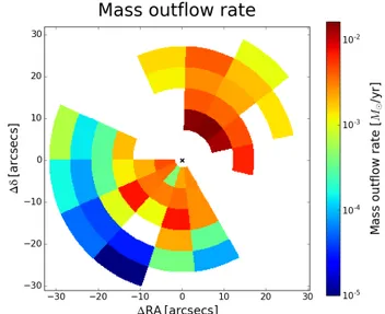 Fig. 7. Mass outflow rate map of the ionized gas, from the fitted Hα flux