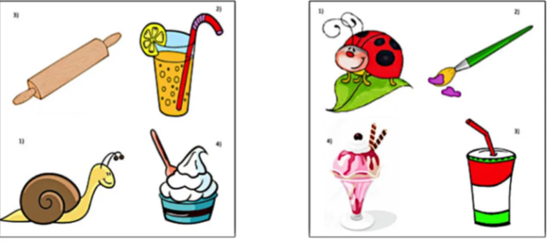 Figure	2.	Sample	items	used	in	the	comprehension	(left)	and	production	(right)	part	of	the	naming-