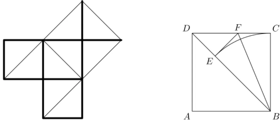Figura 2: (a) Come dimostrare che vale il Teorema di Pitagora per i triangoli rettangoli isosceli contando mezze piastrelle di un pavimento con mattonelle quadrate