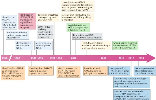 Figure 1.8. Timeline of the discoveries related to the biology and therapeutic targeting of Trk signaling