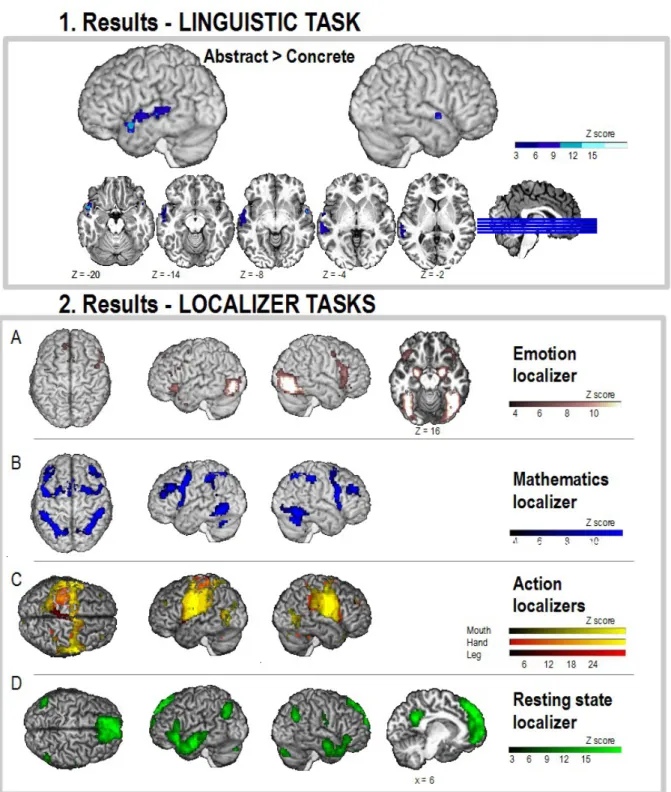 Figure 2. Functional localization of the effects for the linguistic task and the localizer tasks