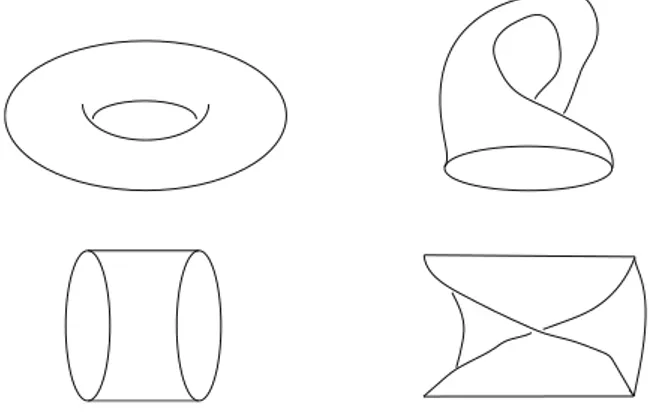 Figura 6: Nella costruzione di orientifold, le ampiezze di vuoto ad un loop includono, oltre al toro, tre altre superfici di diversa natura, la bottiglia di Klein (in alto a destra), l’anello (in basso a sinistra) e la striscia di Möbius (in basso a destra