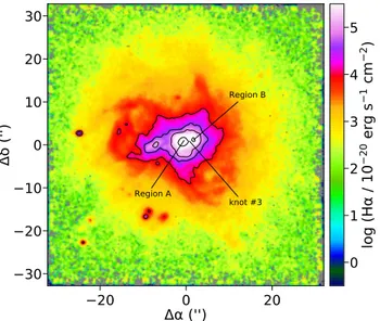 Figure 1. H α image of He 2-10 (Cresci et al. 2017 ). Black lines show the contours of the H α emission (80, 10, 4, and 1 in units of 10 −16 erg s −1 cm −2 )