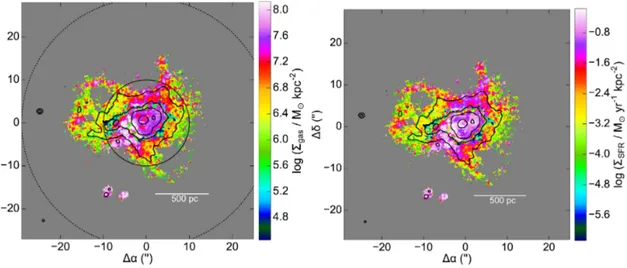 Figure 5. Gas mass surface density ( gas, left-hand panel) and star formation surface density (SFR, right-hand panel) for the local galaxy He 2-10