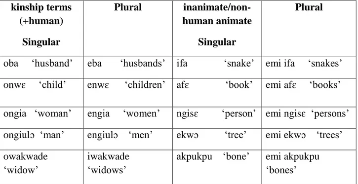 Table 5.1  kinship terms  (+human)  Singular  Plural   inanimate/non-human animate Singular  Plural 
