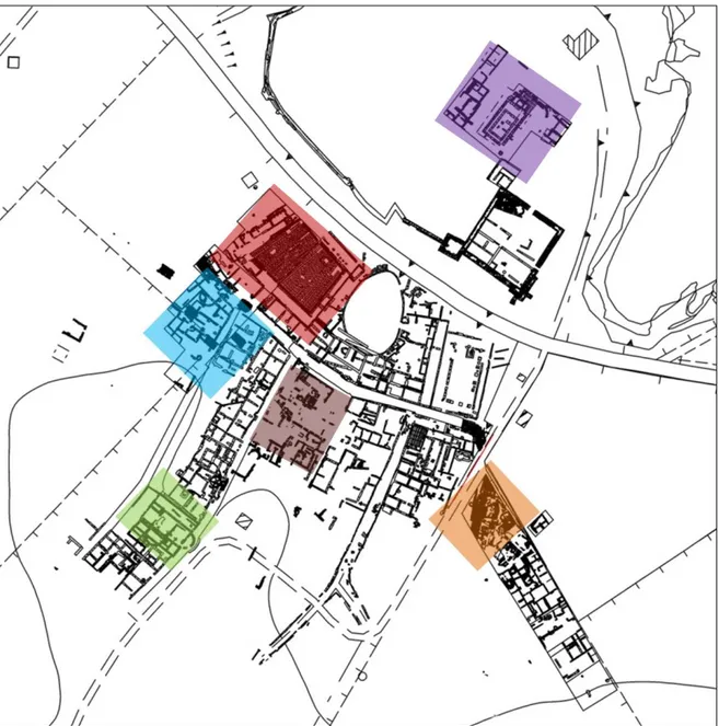 Figura  4.8.  Pianta  della  città  e  settori  interessati  da  interventi  architettonici  in  età  tardoantica