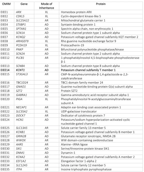 Table	2	Early-Infantile-Epileptic-Encephalopaties	(EIEEs)	associated	genes;	XL=x-linked,	AR=autosomal	recessive,	