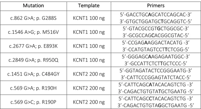 Table	 4	 Experimental	 conditions	 used	 for	 PCR	 reaction .	 Column	 1	 indicates	 the	 mutations	 found	 in	 patients	 affected	by	Epileptic	Encephalopathy.	Column	2	shows	the	templates	and	related	quantity	used	for	each	reaction.	 Column	3	contains	nu