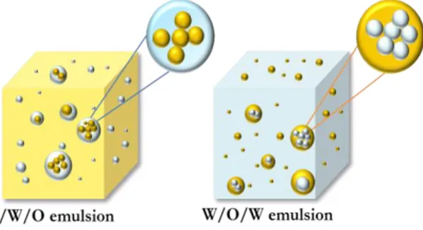 Fig. II.6. Emulsions at difference of reduced density (Δρ); on the left side O/W/O emulsion and on the 