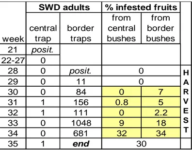 Table  2.  Captures  of  D.  suzukii  (SWD)  adults  and  percentage  of  fruit  infestation  in  mass  trapping  trial  on  highbush  blueberry  during 2011 