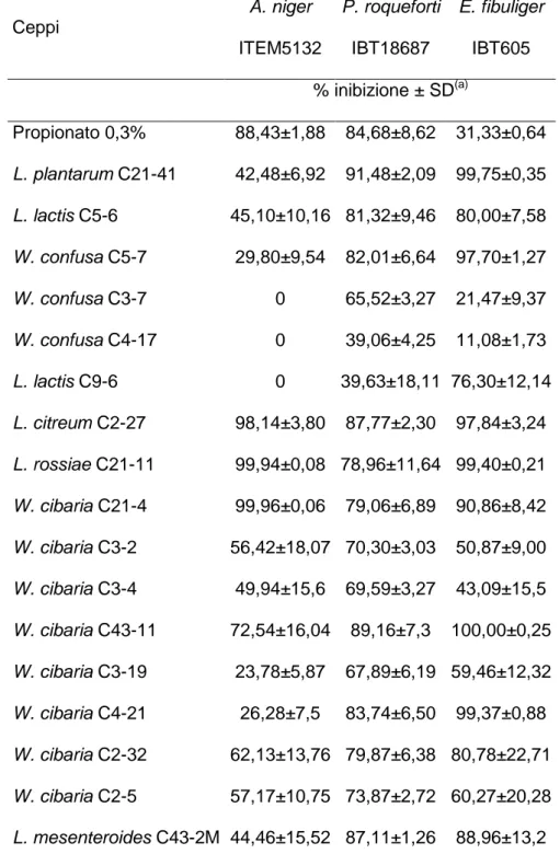 Tabella 2.4 Attività antifungina dei prodotti di fermentazione dei ceppi di LAB isolati  dalle semole rimacinate di grano duro posta a confronto con il conservante chimico  propionato di calcio (0,3% p/vol)