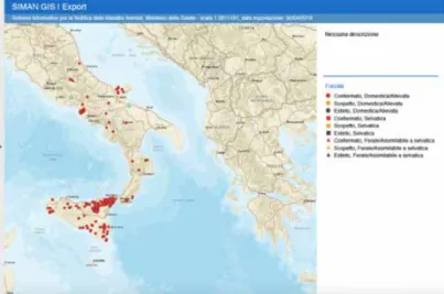 Figura 3: mappa dei focolai di brucellosi bovina in Italia nel 2018 [3, 6].