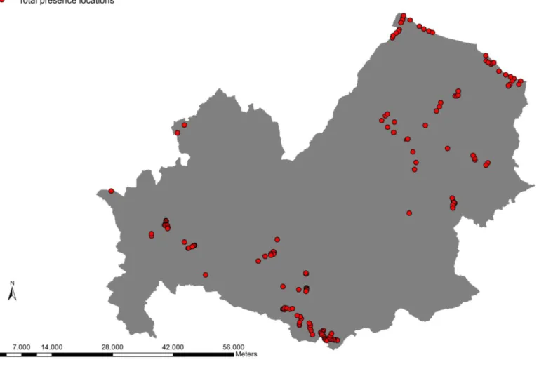 Fig. 5 shows the total presence locations of the bat species gathered in wind farm areas, control  areas and in 2000 network sites  in the Molise region during 2010 and 2012
