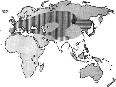Figure  1.9  Breeding  areas  of  the  common  quail  (vertical  lines)  and  the  Japanese 